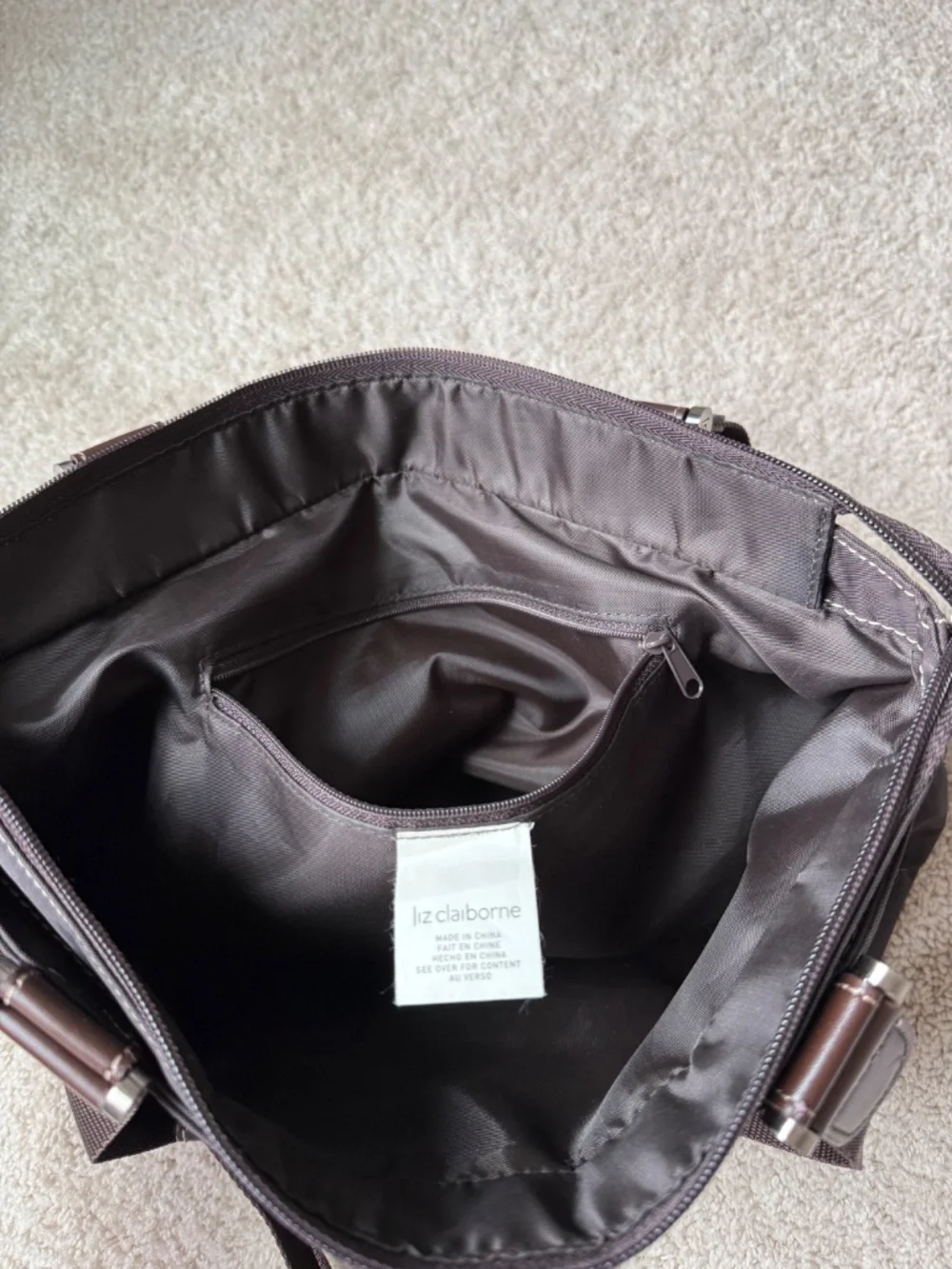 Liz Claiborne Brown Nylon Tote Shoulder Bag Lightweight Work Travel